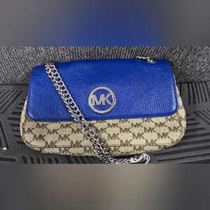 Michael Kors Cobalt Blue Leather & Beige MK Signature Chain Shoulder Bag
